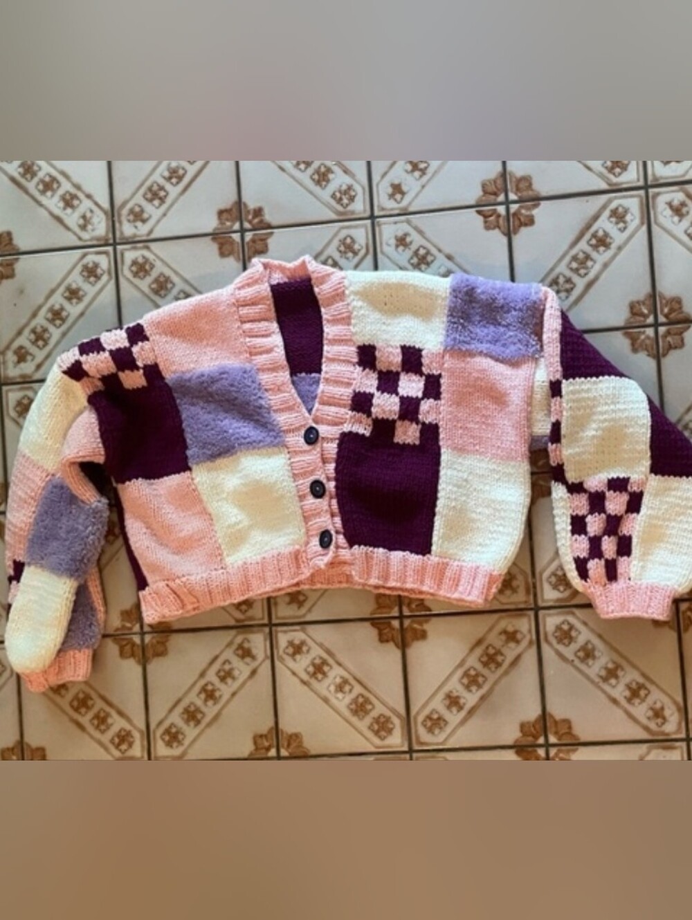 Handmade Chunky Knit Cardigan Pink Purple Colorblock Patchwork Sweater Oversized